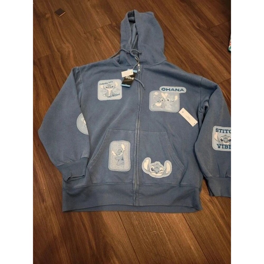 Disney Stitch Ohana Embroidered Patches Full Zip Hoodie Women’s Large Blue NWT